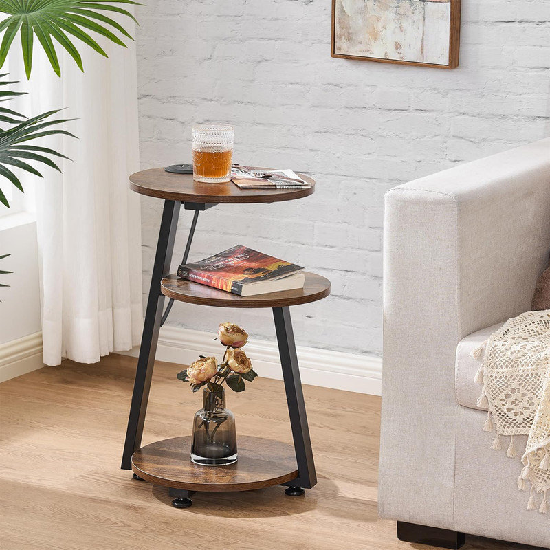 Round End Table Side Table with Metal Frame, Greige-charging Station, Rustic Brown