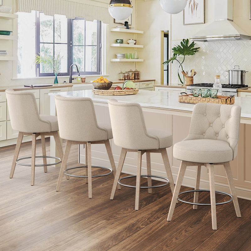 Tabouret de comptoir pivotant rembourré Arleine, 4, 100 % lin beige