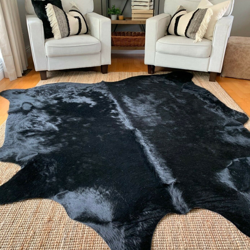 Black cowhide rug - genuine leather rug, Nouveauté de 7 pi x 7 pi 6 po