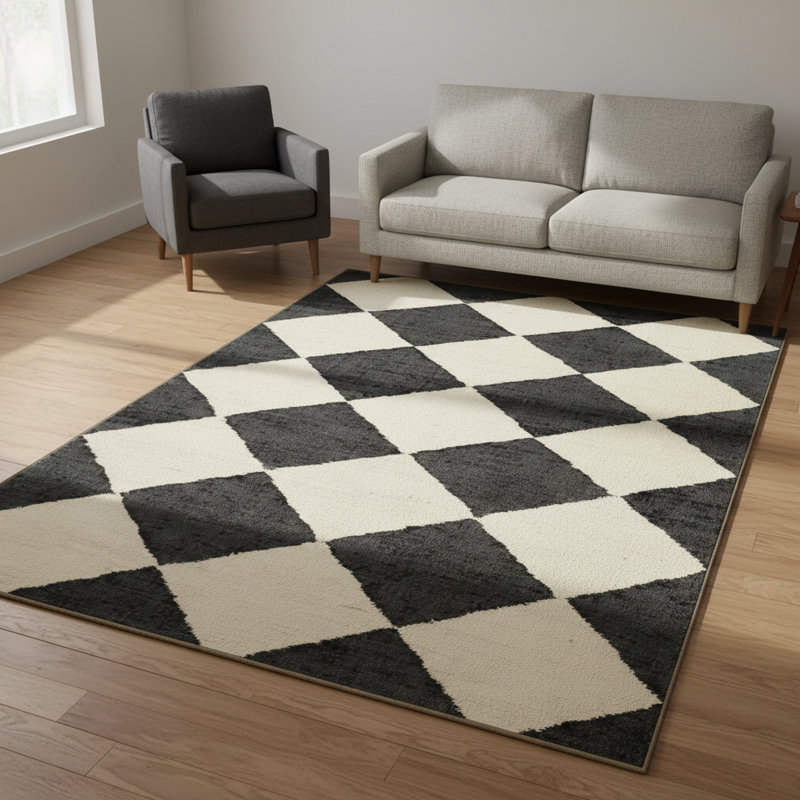 Tapis lavable à motif géométrique noir à carreaux crème, Rectangle 2 pi 4 po x 4 pi
