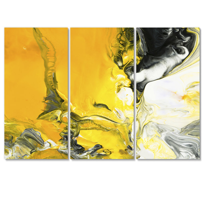 Jaune jaune, noir et blanc liquide, art 3, impression sur toile tendue 3 pièces, H 32 po x l 48 po x P 1 po