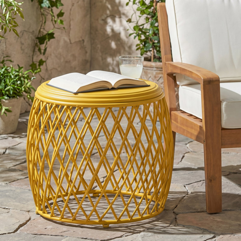 Milano Modern Coastal Iron Side Table with Open Lattice Base for Patio, Porch & Garden, Yellow