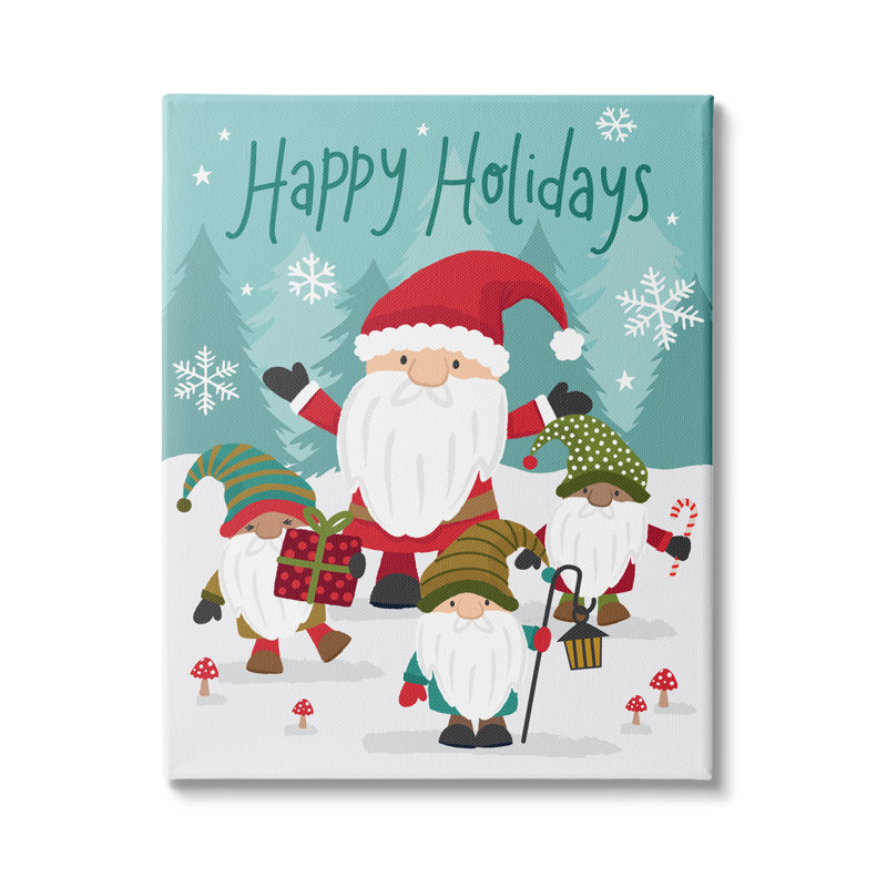 Joyeuses fêtes «Santa Claus Snowy Forest Gnomes» par Lisa Perry White boutons - impression, H 20 po x l 16 po, Toile tendue