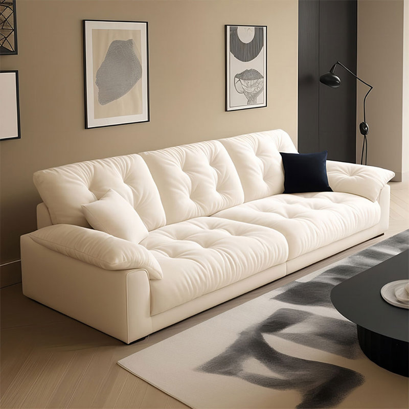 Modern white simple suede straight-row sofa, 33.07"H*110.24"W*37.8"D