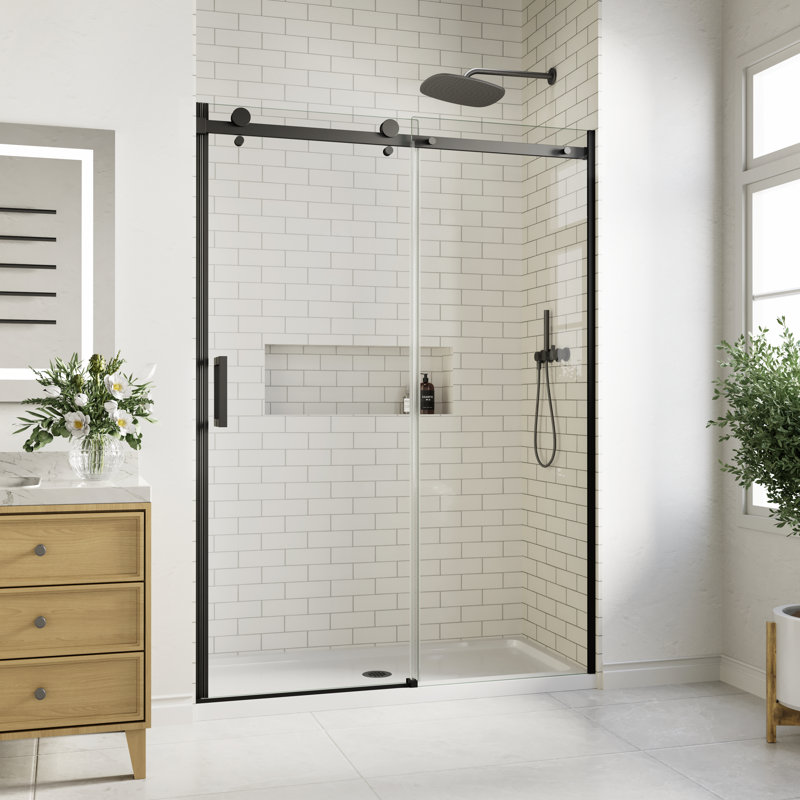 Porte de douche coulissante simple sans cadre de 50 à 54 po x H 74 po au fini noir mat avec verre trempé transparent de 5/16 po (8 mm)