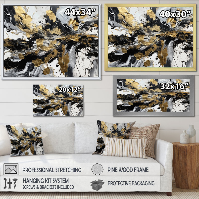 «Wild Wave Bliss Abstract Gold White Black I», reproduction d'art sur toile, Cadre flottant noir, 34" H x 44" W