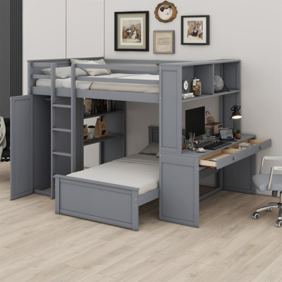 Lit superposé avec lit autonome, tablettes, bureau et garde-robe