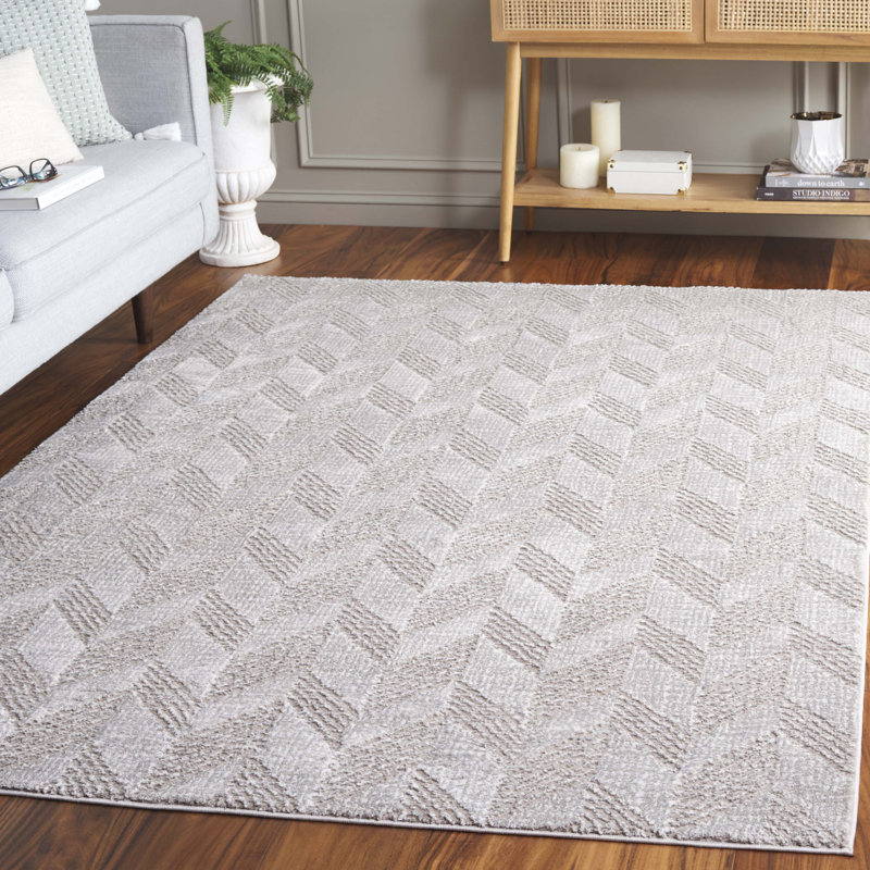 Tapis taupe / ivoire en polyester tissé à la machine Itu, Rectangle 5 pi 3 po x 7 pi 7 po