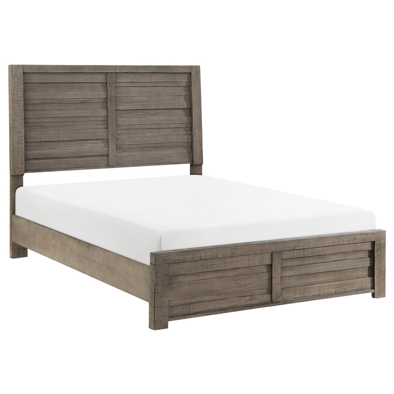 Lit double gris rustique pour chambre à coucher, fait de bois avec tête de lit à profil bas / tête de lit en gris, tête de lit en bois