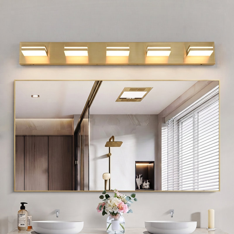 Lumières de meuble-lavabo modernes à DEL à intensité variable pour miroir, Or brossé, 5 lumières