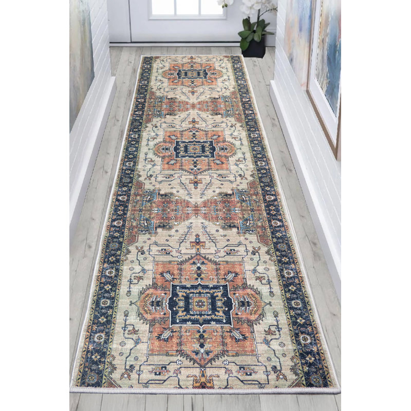 Custom Size Anti Slip Low Profile Medallion Blue Runner Rug, Runner 2'2" x 7'