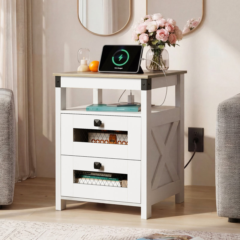 Gracie Oaks Nightstand With Charging, USB & AC Outlets, Rustic Narrow Nightstand With 2 Drawers, Bedside Table With Open Compartment For Living Room, Bedroom