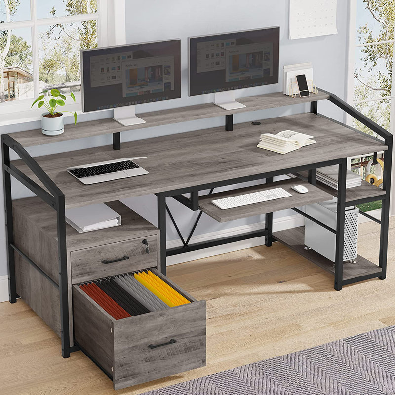 Ralphio Stainless Steel Computer Desk with Built-In Electrical Outlet