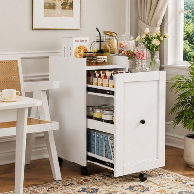 Sliding Snack Cabinet with Wheels, Multi-Tier Pantry Organizer for Efficient Storage and Easy Access.