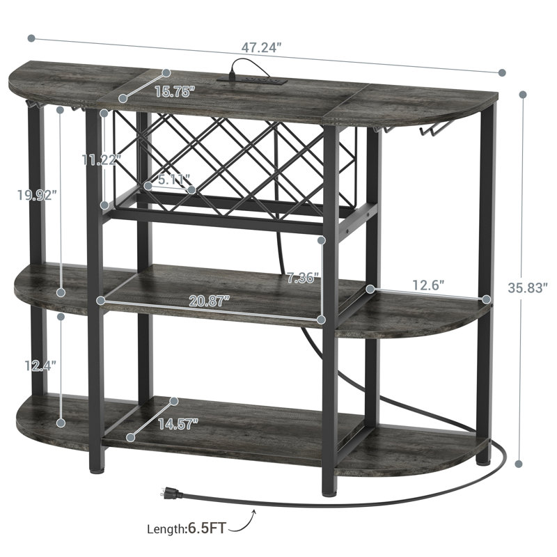 Minjae 47.5" Wine Bottle & Glass Rack, Bar Cabinet with LED Lights, Dark Gray