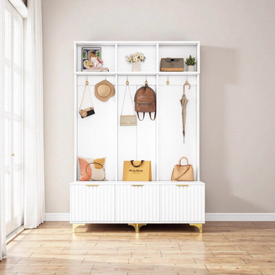 Arbre d'entrée moderne 3 en 1 avec banc de rangement, 6 crochets dorés et portes cannelées ultrabrillantes - Organisateur de vestibule blanc et doré pour le salon