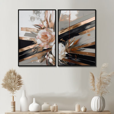Élégance florale linéaire en or rose III - art mural blanc 2 pièces