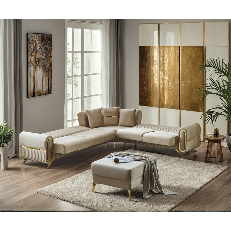 Canapé modulaire 3 pièces Devlynn, Velours beige, Or