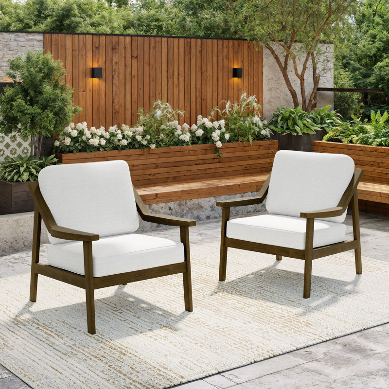 Marlo Solid Wood Teak Outdoor Lounge Chairs With Cushion And Arms, Beige, Brown