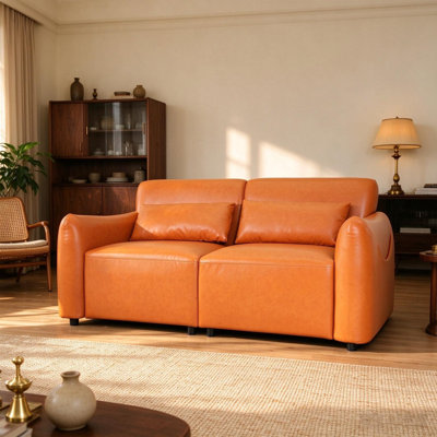 68.5" Wide 2-Seater Faux Leather Sofa, Modern Accent Loveseat with Rounded Arms & Throw Pillows for Living Room, Orange