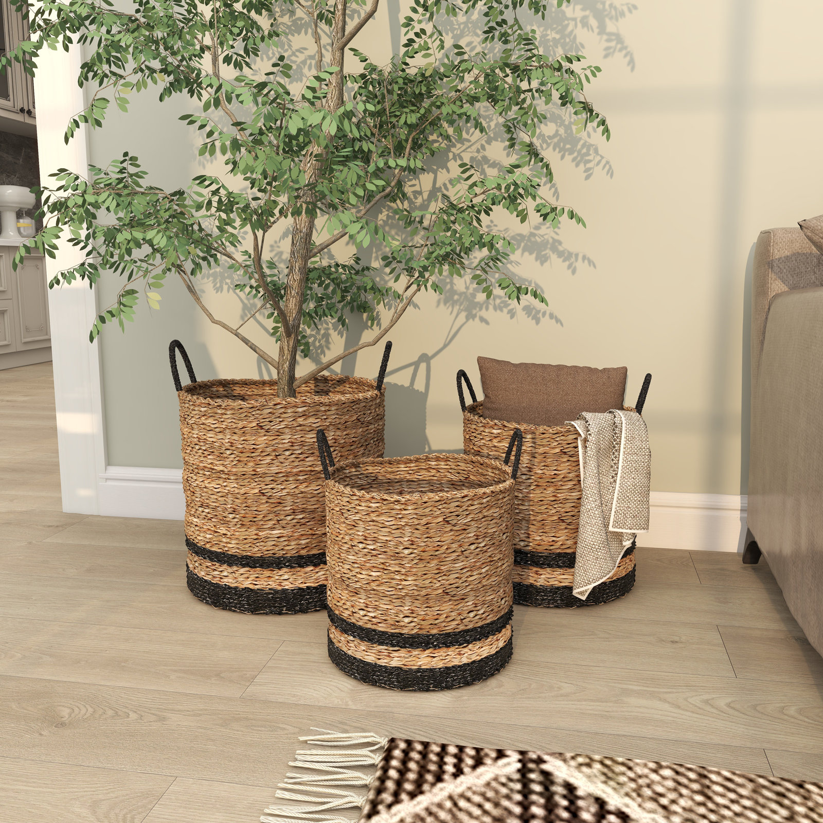Seagrass Handmade Two-Toned Brown Decorative and Functional Storage Basket with Handles