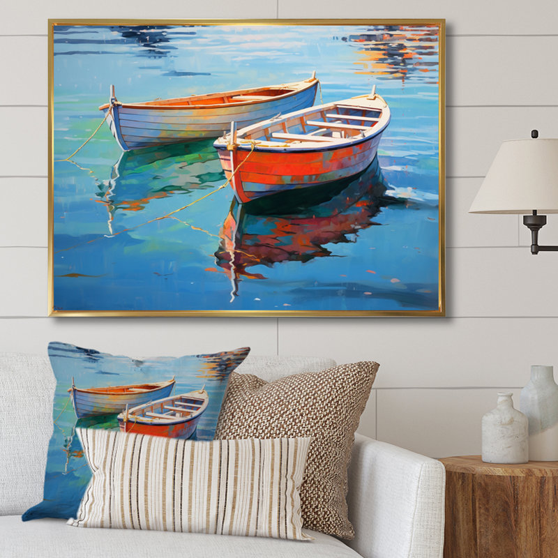 «Boat Harmonic Waters» - Art mural bateau, Cadre flottant doré, H 30 po x l 40 po x P 1,5 po