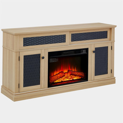 Meuble télé à motif en relief avec foyer encastré de 23 po, console télé et média avec espace de rangement ouvert et fermé et porte coulissante pour le salon et la chambre à coucher, chêne clair, l 58,27 po x l 15,35 po x 31,7 po