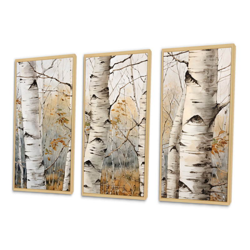 «Beige Silver Birch Tree Beauty III», ensemble de reproductions d'art mural, H 28 po x l 36 po, Cadre flottant érable