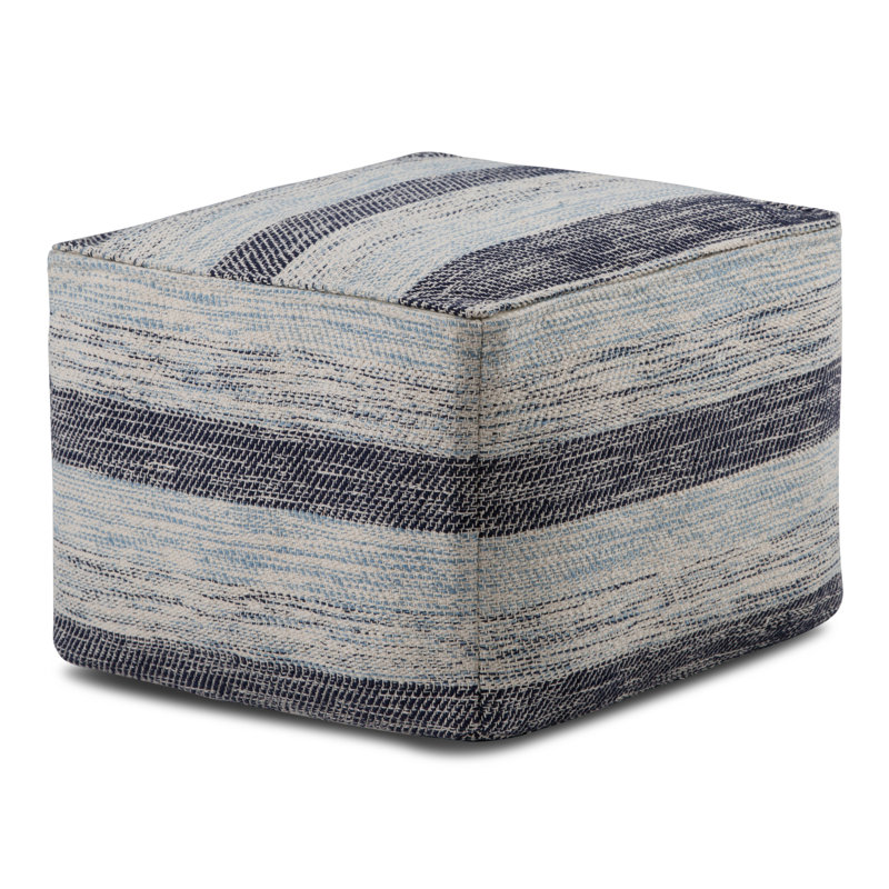 Clay 18"W Upholstered Cotton Boho Square Pouf in Blue Melange with Decorative Stitching, Blue Melange
