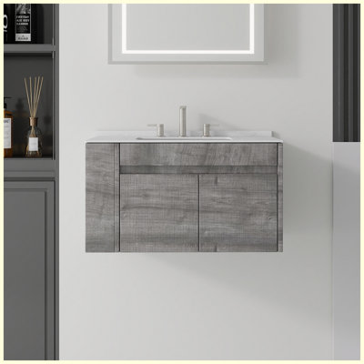 Meuble-lavabo flottant 30 po avec lavabo, porte à fermeture en douceur, comptoir et dosseret en marbre de culture blanc de 0,6 po Carrara, contreplaqué, gris