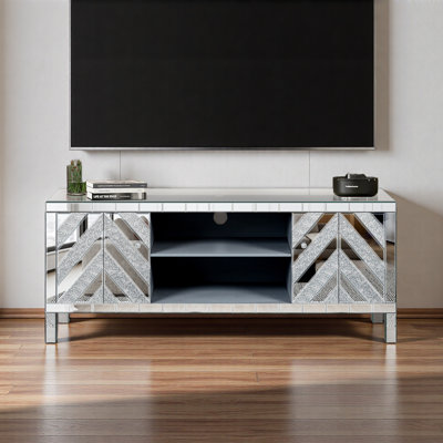 47 Inch Mirror TV Media Console With Diamond Glass Doors, Dual Door Design With Open Storage Space, Compatible With 50-Inch Tvs, Modern Decor For Living Room & Bedroom