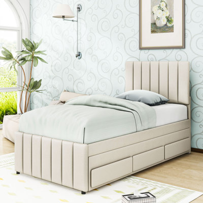 Upholstered Platform Bed with Twin Trundle and 3 Drawers