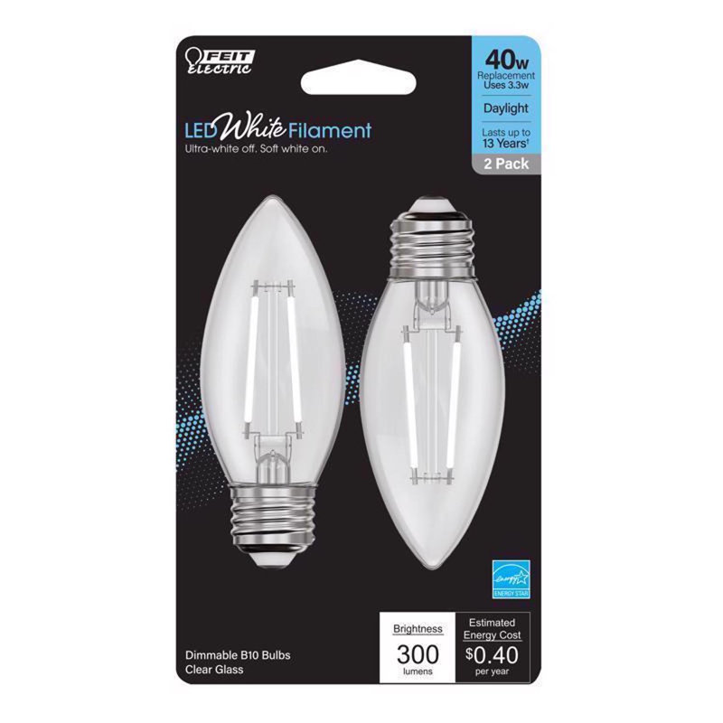 Ampoule à DEL à filament blanc Feit B10 E26 (moyen), équivalente à 40 watts, paquet de 2, 5000 kelvins, 3,3 W