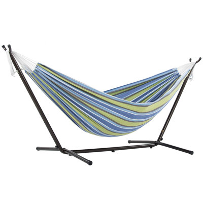 Double Cotton Hammock with Space Saving Steel Stand, Upgraded Polyester End Strings 450 lb Capacity - Premium Carry Bag Included - USA Grown Cotton