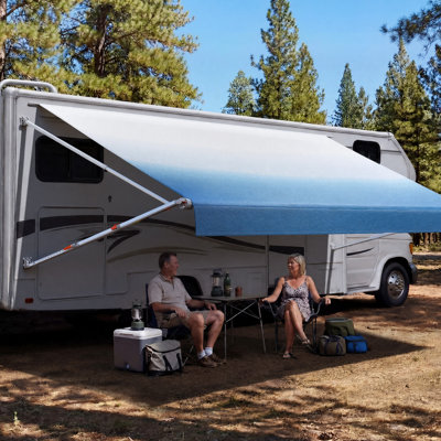 Manual RV Awning Complete Kit, 15.12FT Retractable RV Awning with Aluminum Alloy Frame & Waterproof PVC Fabric, Outdoor Camping Trailer Awnings Fit Most RVs (15FT Type, Gradient Blue)