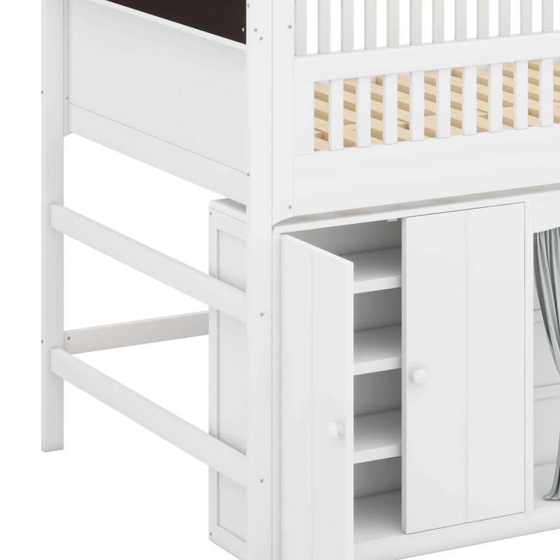 Lit mezzanine en bois avec tête de lit à DEL et garde-robe et armoire de rangement, cadre de lit mezzanine avec garde-corps de sécurité