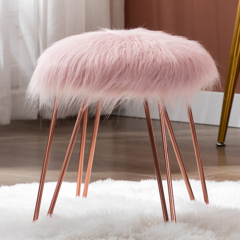 13.5" Wide Round Faux Fur Ottoman with Rose Gold Hairpin Legs for Vanity or Bedroom, Pink