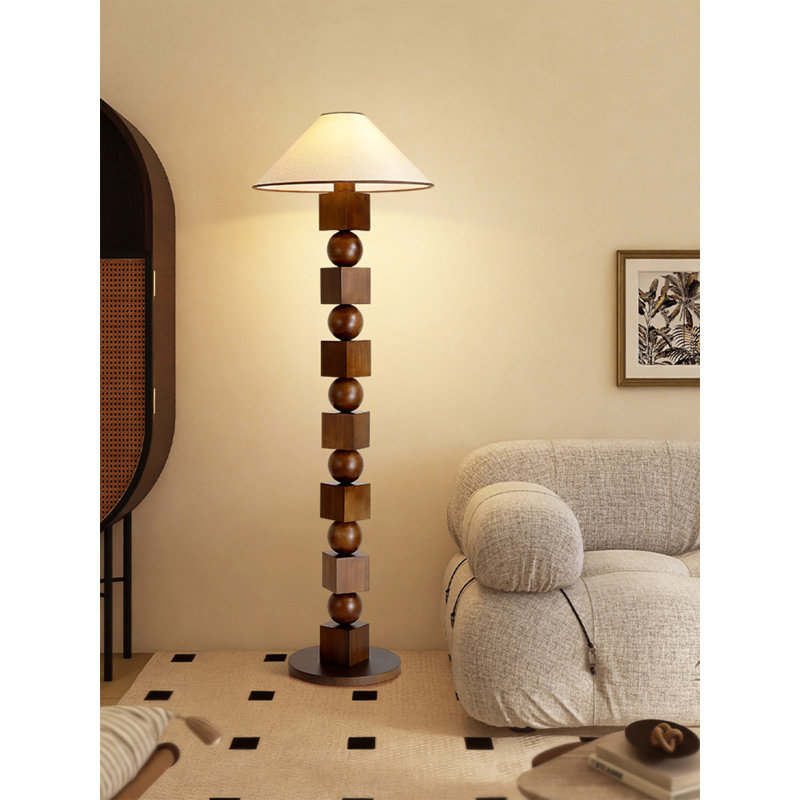 Wabi-Sabi Style Rubber Wood and Fabric Floor Lamp, Walnut