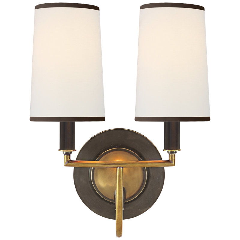 Thomas O'Brien Elkins Double Sconce, Bronze/Antique Brass, Fabric, Cream/Black