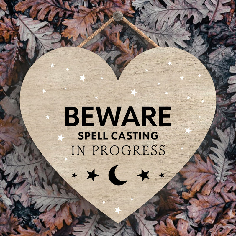 Witch Beware Spell Casting Wooden Heart Plaque, Brown