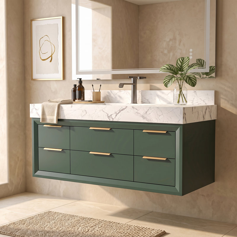 Meuble-lavabo suspendu de 122 cm (L) x 53 cm (P) avec comptoir imitation marbre, éclairage DEL intégré, 6 tiroirs à fermeture amortie, vert