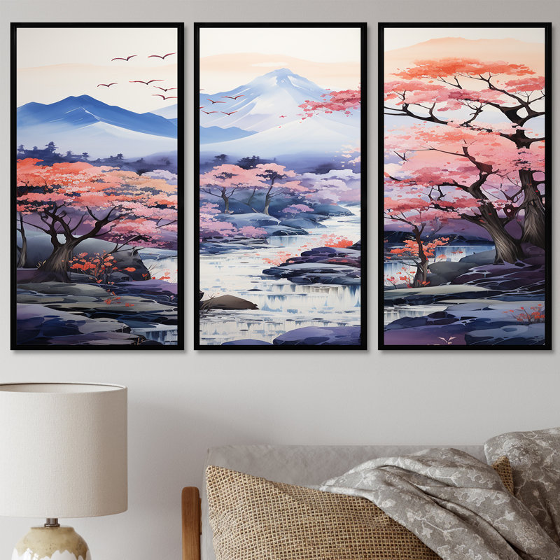 Ensemble de décorations murales chinoises «River River I - Lake House», H 28 po x l 36 po x P 1 po, Cadre flottant noir