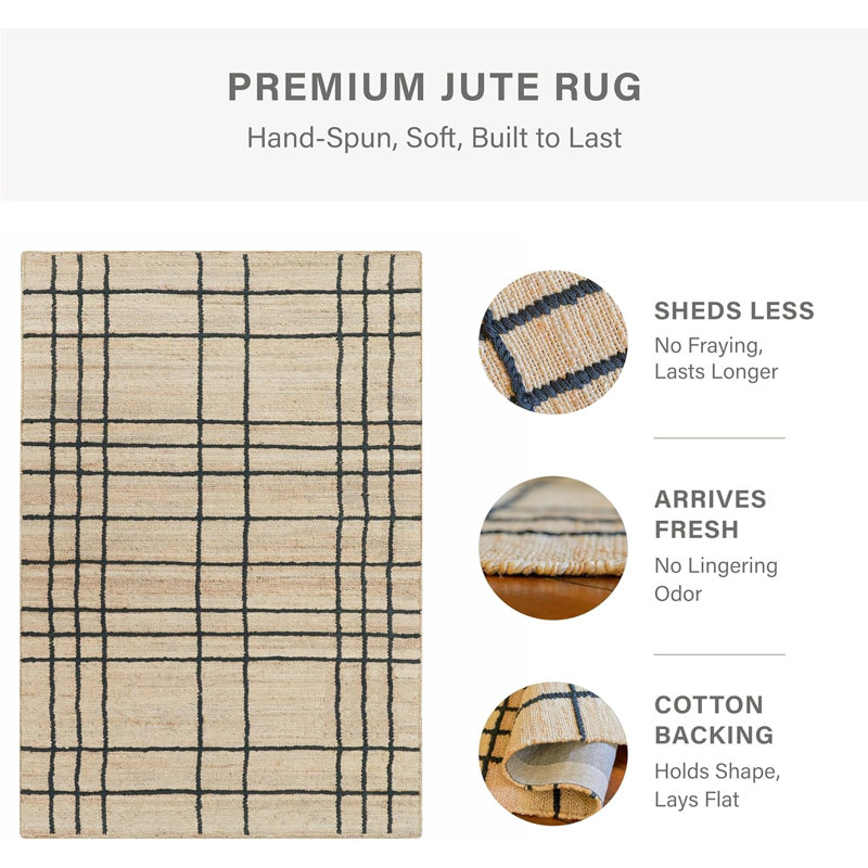 Nell Jute Checkered Rug / A Black & Brown Farmhouse Rug for Living Room with Cotton Backing, Rectangle 6' x 9', Brown, Black