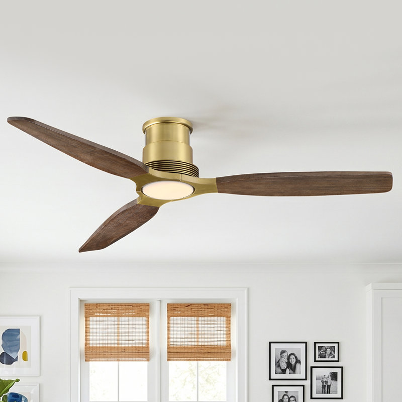 56" Flush Mount Solid Wood Ceiling Fan with Dimmable 3CCT LED Lights and Remote Control