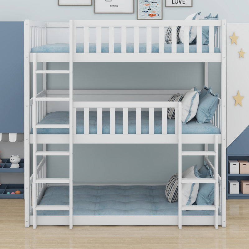 Triple Wood Bunk Bed, With Ladders, Guardrails, White