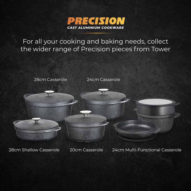 Tower Precision Casserole Dish with Aluminium Lid, Lightweight Cast Aluminium, 20 - 28cm, Black, 14.50" H x 27" W, 4.4 Liter