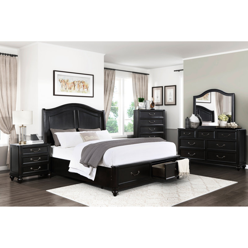 Grand lit plateforme gris anthracite pour chambre à coucher avec tablette de rangement