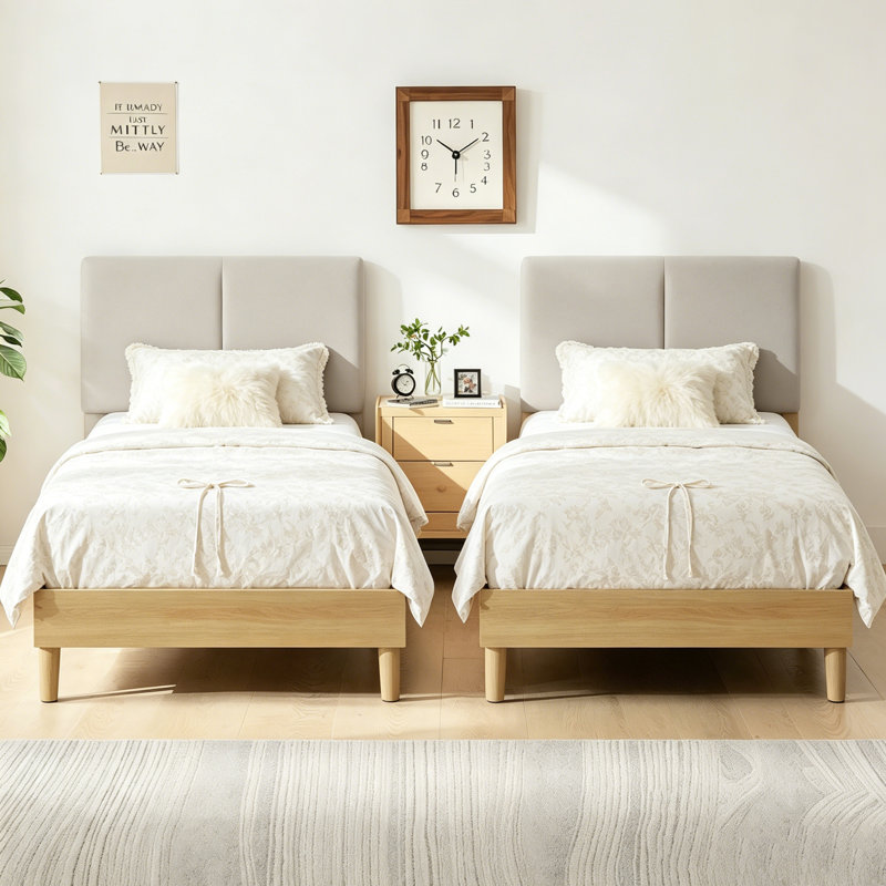 Ensemble de 2 cadres de lit simple avec tête de lit en lin Elauna, Beige