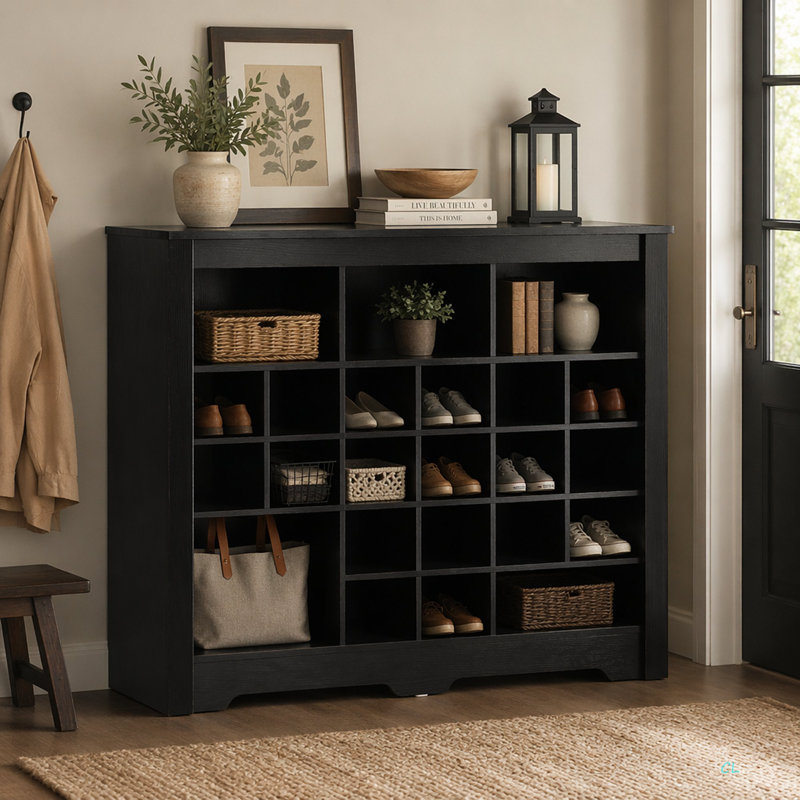 Console élégante à 24 casiers, armoire à chaussures moderne avec base incurvée, buffet polyvalent de haute qualité pour le couloir, la chambre à coucher et le salon