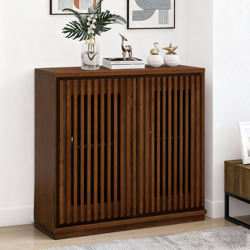 Buffet Mid-Century moderne cannelé avec 2 trous de sortie, armoire de rangement pour l'entrée, le salon et la salle à manger